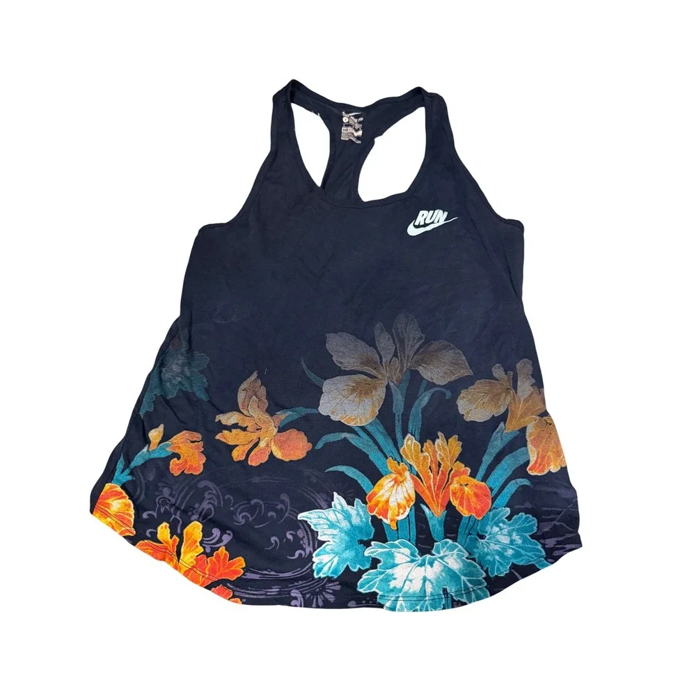 Nike Dri-FIT Womens Run Tank Top Large Navy Blue Floral Tropical Racerback L